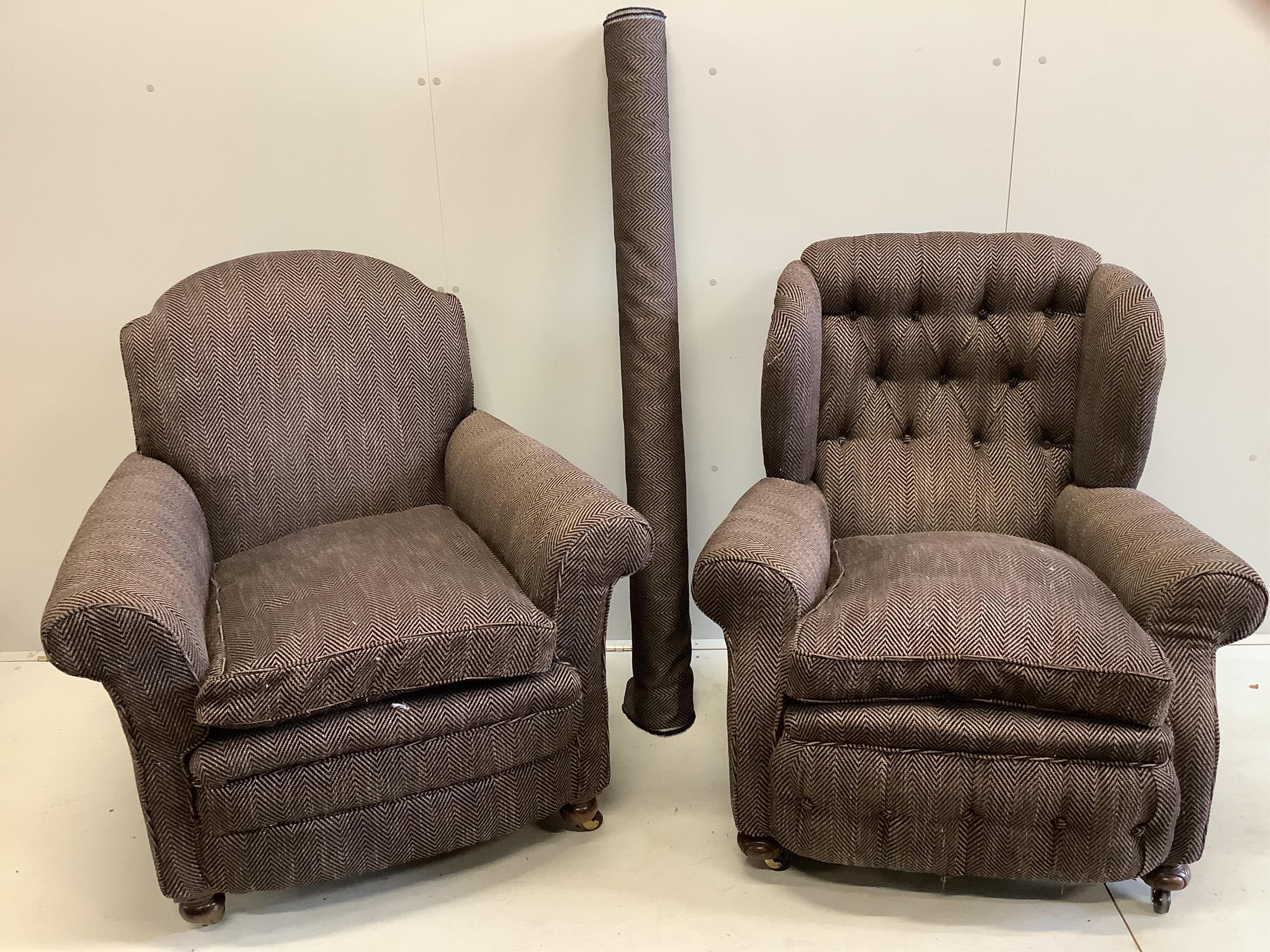 A near pair of early 20th century upholstered armchairs, recently upholstered, larger width 92cm, depth 90cm, height 98cm, together with a spare roll of upholstery fabric. Condition - good